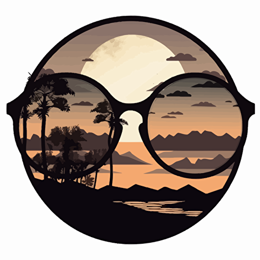 a sticker showing a pair of round shaped sunglasses and inside them a sunset, in black and white vector