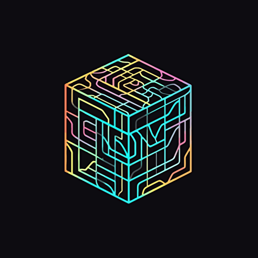 AI cube, vector logo minimal design of a neural blockchain block essential line
