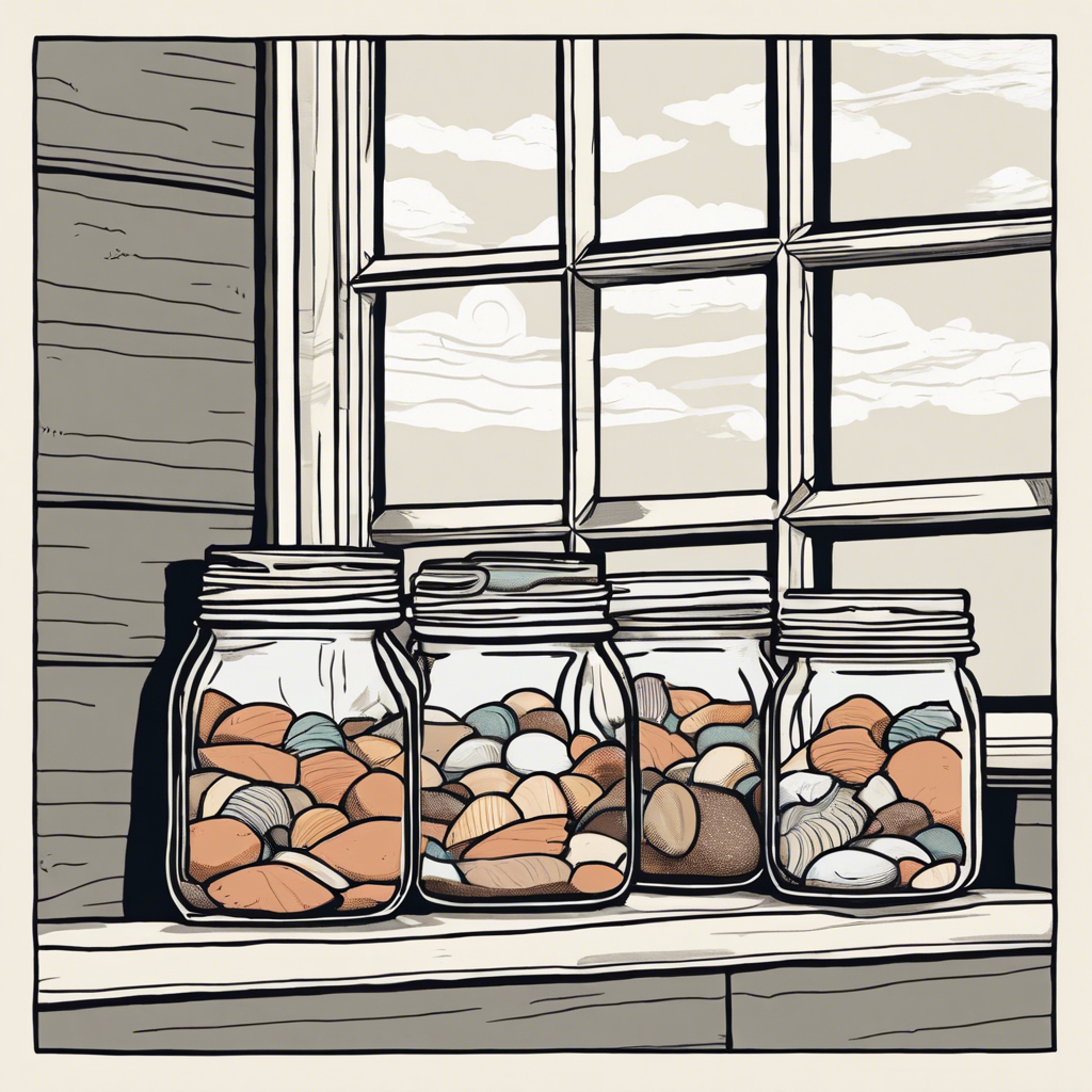 Mason jars filled with colored sands and shells on a windowsill, illustration in the style of Matt Blease, illustration, flat, simple, vector