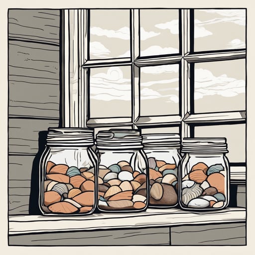 Mason jars filled with colored sands and shells on a windowsill