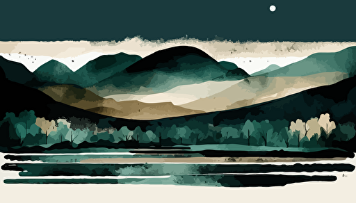 dark teal and beige watercolour landscape, minimalist, vector, countour