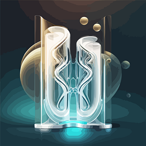 A sleek hero image incorporating biotech elements, showcasing two curved tubes connected in the center, with a fluid movement between them, entering from opposite sides. Craft a vector illustration in a minimal and futuristic style, emphasizing the fluid's motion. Apply soft, diffused lighting with gentle highlights on the tubes. Use frosted glass for the tubes, and choose a fluid color with a soft-gradient, like teal or orange, against a white background. Shoot with a 35mm lens, placing the tubes diagonally in the lower half of the frame, providing negative space above for text and buttons.
