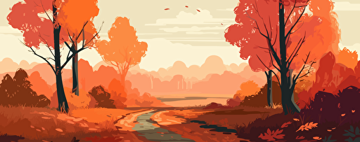 Autumn landscape with trees, bushes and path Autumn landscape with trees, bushes and path, limit colors, vector stylet, flat colors, minimal, svg style, no gradient