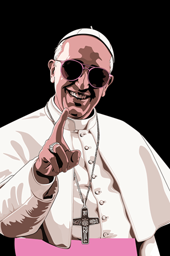pope francis, wearing a white hoodie and white stylish gen z popstar suit fancy coat jacket, stylish sunglasses, smiling, giving a peace sign, 80s comic style vector poster, pinks and whites, black background,
