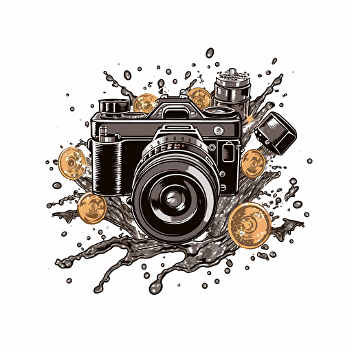 logo of old school film camera surrounded by water and ammo bullets, black vector, on whte background