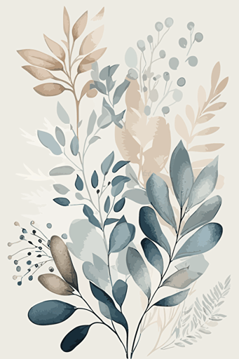 Simple neutral beige and dusty blue abstract watercolour botanical illustration, vector