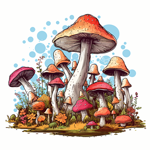 Magic Mushroom field. vector imaging, cartoon illustrated, shading, and colorful. White Background