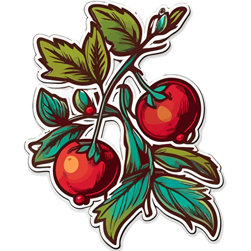 sticker, two cranberry fruit, contour, vector, vibrant colours, white background