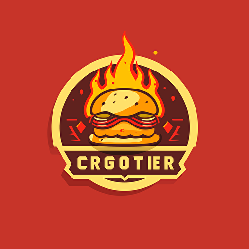 logo for crafted burger on fire, retro, red colors, vector flat, PNG, SVG, flat shading, solid background, mascot, logo, vector illustration, masterwork, 2D, simple, illustrator
