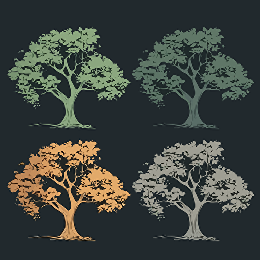 five color logo of four different oaks trees, side by side, it has to be asymmetric, simple, elegant, green color palette, on a dark gray #444654 background, design is vector style,