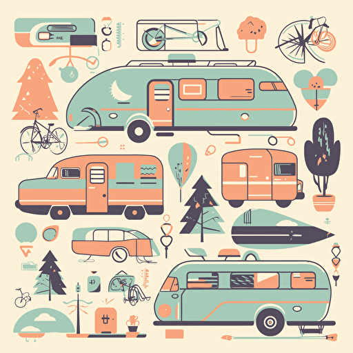 set of flat vector elements including vanlife imagery like airstreamers, trailers, RVs, school buses, pastel cut colors, midcentury vibe