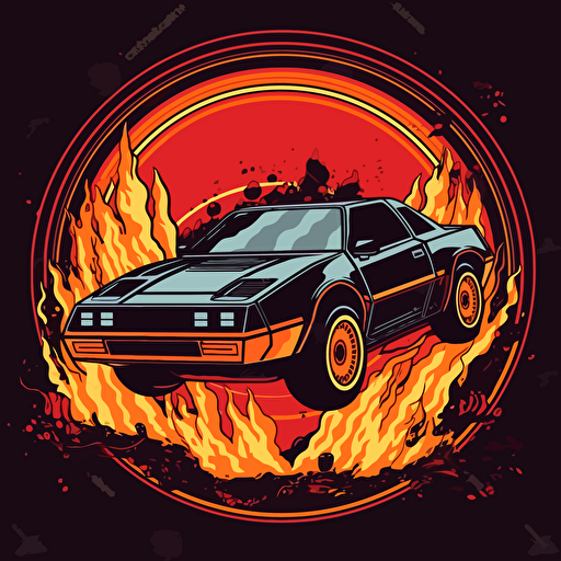Pontiac Fiero, jumping through a ring of fire, vector style, flat artwork illustration,