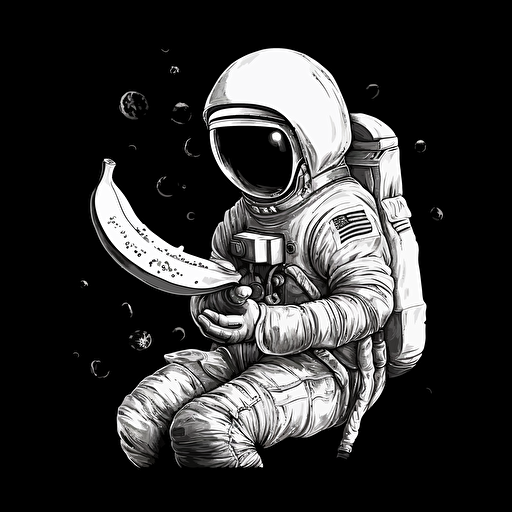 cartoonish astronaut peeling a banana, black background, white and grey, 2d vector, shadeless