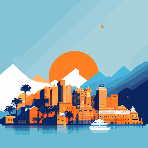 Simple vector image of the Monaco skyline, using only orange and blue colours, simple cartoon style shading, very simple, blue skies, hill, uncluttered, only 4 buildings total