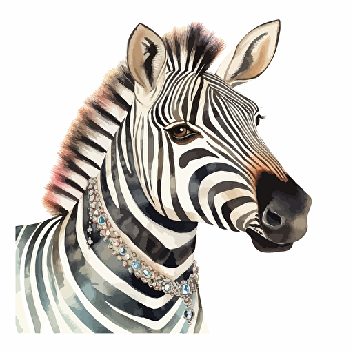 zebra, jewelry, detailed, cartoon style, 2d watercolor clipart vector, creative and imaginative, hd, white background