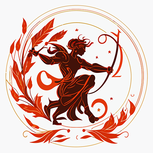 flat vector logo of sagittarius, flame, circle, simple, clean, brevity, white backgound, rococo art