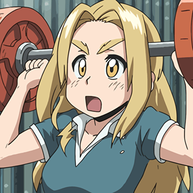 Mugi from K-ON anime manga wearing SDB GEAR doing powerlift overhead press in the style of K-on anime, face displayed a strained expression, sweat dripping from the furrowed brow, and tongue lolling out in exertion, empty background