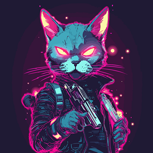simple, vectors, vector art, space cowboy cat, cyberpunk, neons, pastel lights, simple background, 2d,