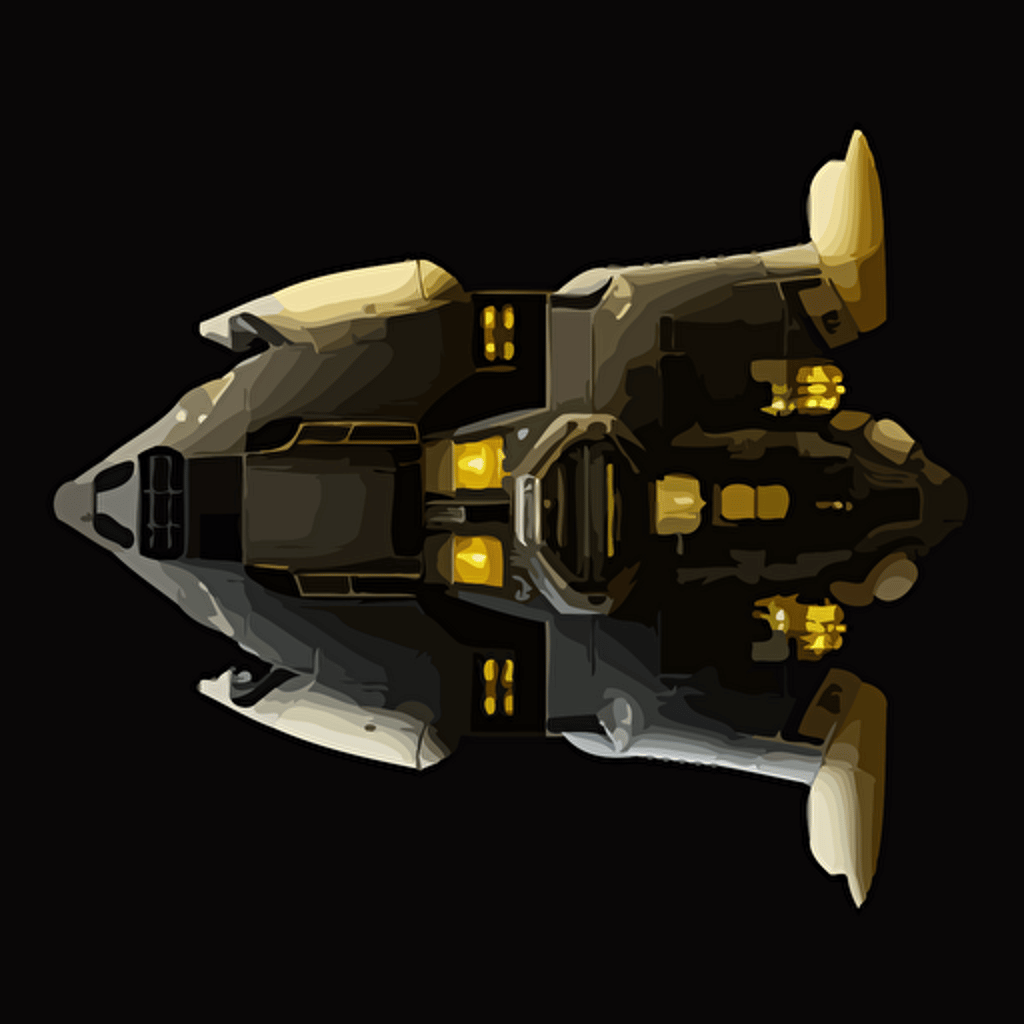 space ship on black background, top-down view, clean, simple, no shadows, vector