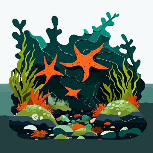 tidepool on the west coast, sea stars on rocks, kelp, minimalist design, fun vibe, vector, 2d, flat