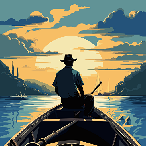 fishing man on a boat silhouette, beach background vector illustration, in the style of raphael lacoste, restrained impressionism, uhd image, r. kenton nelson, pensive stillness, high resolution, john mckinstry