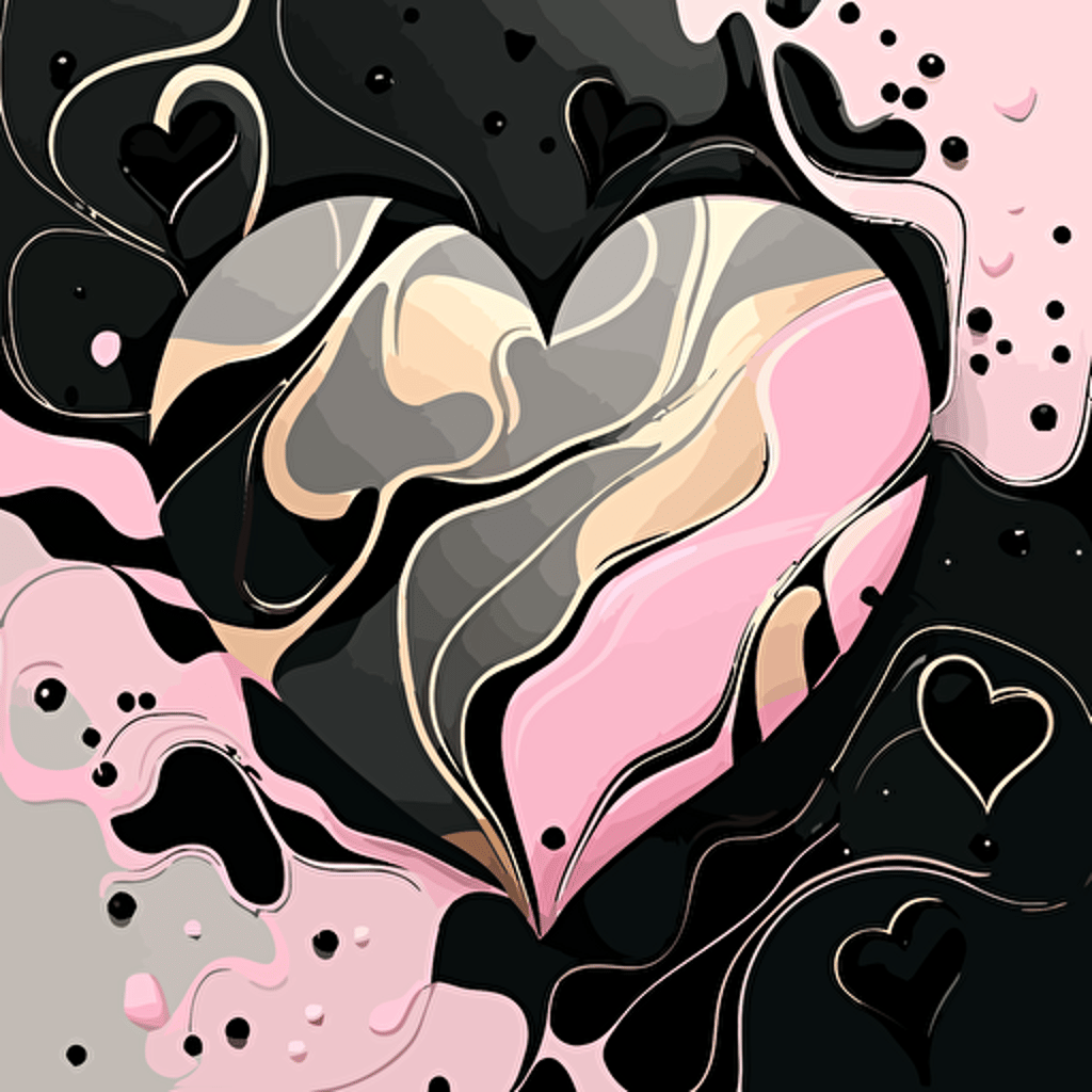 liquid pink, black, and silver marble with subtle heart shapes in pattern, flat vector art