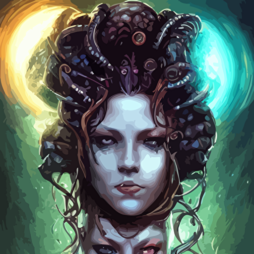 epic fantasy comic book style portrait painting beautiful nebulapunk medusa symmetrical facial features lots cyberpunk cybernetic bio luminiscent snakes hair awesome pose centered body vibrant dark mood unreal 5 hyperrealistic octane render cosplay rpg portrait sci fi arthouse dynamic lighting intricate detail cinematic hdr digital painting 8k resolution enchanting otherworldly sense awe award winning picture hyperdetailed blurred background airbrush backlight 3d rim light gsociety trending artstationhq maximalist dreamscape rococo surreal dark art iridiscent accents lovecraftian inspiration