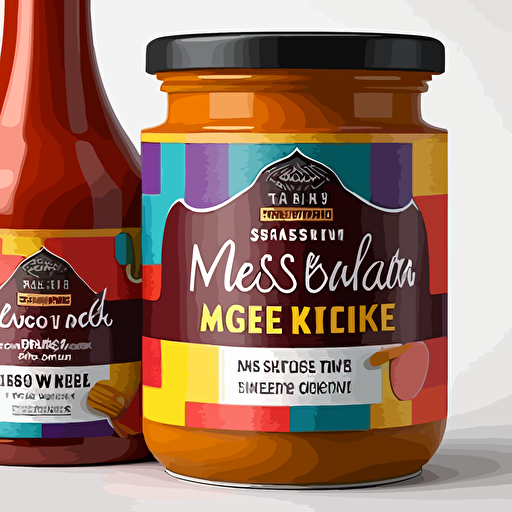 spanish sauce and mixer brand, mockup, 12 ounce jar, label creation, vector based images, mortar and pestal, bright and vibrant
