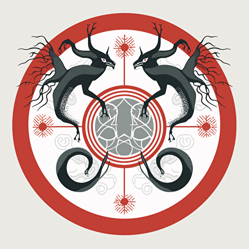 A clear depiction of a Hydra with three necks, each composed solely of basic geometric shapes, including circles, triangles, and squares, set against a white background, modern and minimalist ambiance, Vector art, using only basic shapes in Adobe Illustrator,