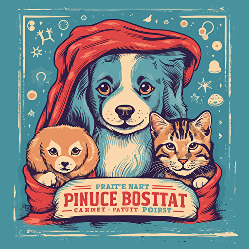 A poster advertising a pet blanket fundraiser. It has cute dogs and cats on it. It is in vector style.