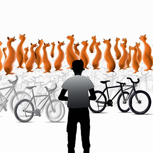 vector design from behind a squirrel, arms raised, looking out at a crowd of other squirrels and bicycles, white background, bicycle rim border, syracuse ny setting, hd, pixar style,