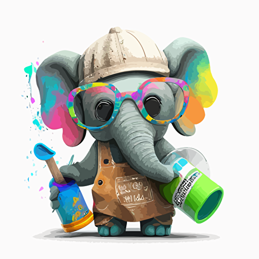 a very cute baby elephant wearing very big sunglasses dressed up as a carpenter, as a cartoon type, as a vector, white background, bright graffiti colors