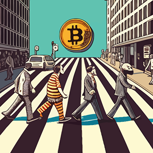 Influenced by the iconic Beatles' "Abbey Road" album cover, create a vector illustration of Satoshi Nakamoto and three other prominent figures from the world of cryptocurrencies crossing a zebra-striped crosswalk. Set the scene on a sunny day in a busy city.
