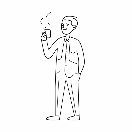 Man with smartphone, white background, line drawing illustration, vector, simple, minimalist, whimsical and lively, cartoon mis-en-scene