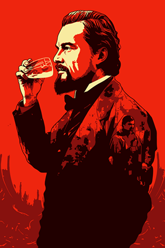 side view of Leonardo dicaprio in django unchained holding a small glass, front view, poster, vector, gritty, detailed, red background