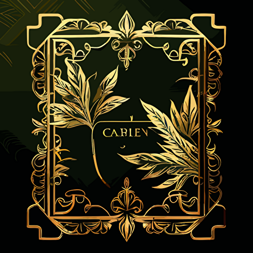 call card template golden ornate frame with two green marijuana leaves, in the style of gail simone, luxurious wall hangings, lettering mastery, carl kleiner, vector art style, karol bak, strong linear elements