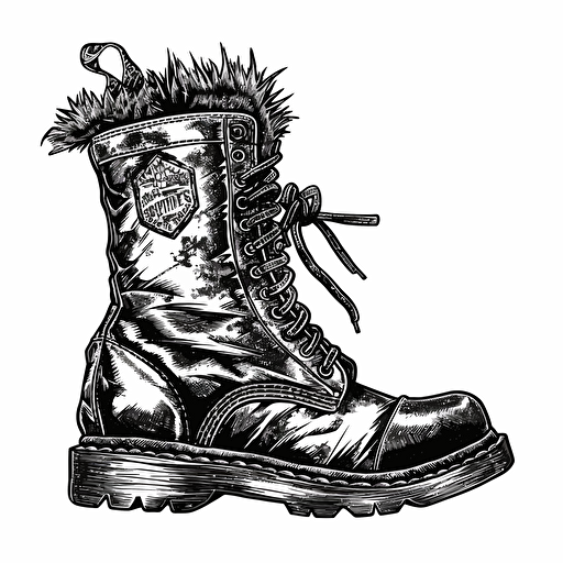 a jet black punk rock boot with a razor sharp mohawk, black and white ink vector illustration, militant, ANTIFA