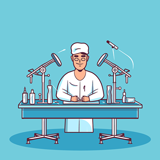 surgeon performing laparoscopic surgery holding laparosopic instruments in front of operating table, very simple, vector art