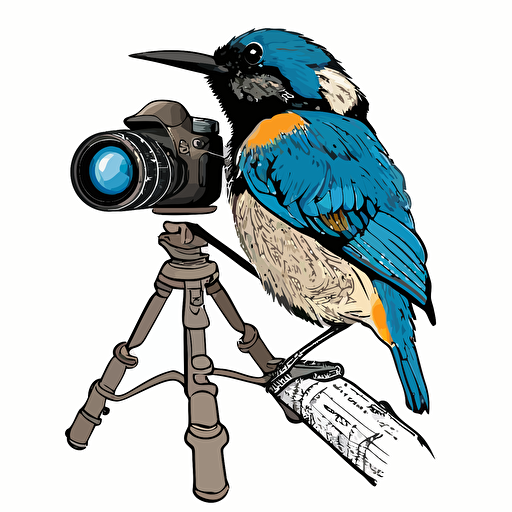 an apus apus taking photos with a DSLR on a tripod, vector image, simple, three color, blue, black, white
