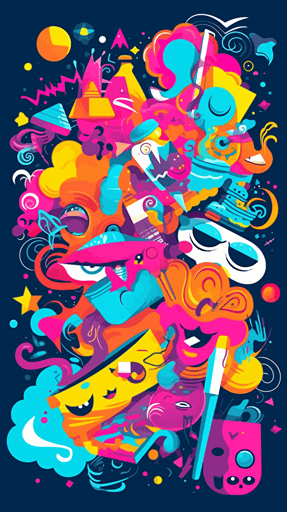 Creativity explosion in vector art, cartoon style, duolingo style, objects with a black stroke, beautiful colors, pastel and neon background