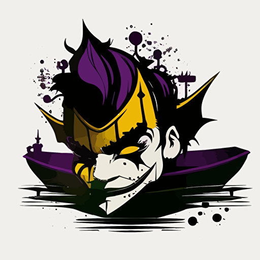 a poker ship whit a cute vectorised joker head, logo minimalist, purple, yellow gold and black