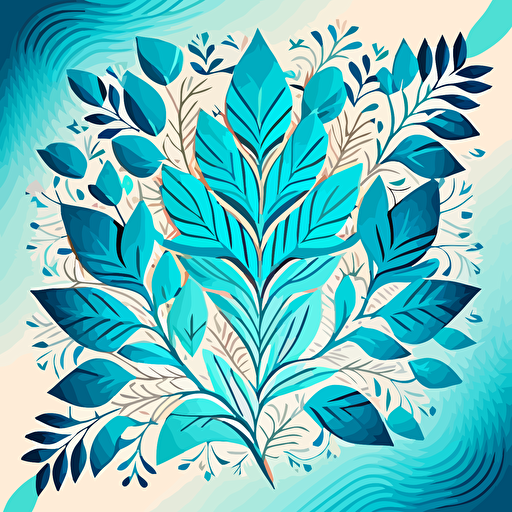 geometric pattern of leaves and flowers. Vector. bright blue colors. No shading. Modern style, cute.