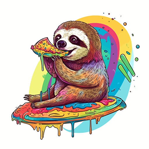 A sloth surfing on a slice of pizza, vibrant color, vector art, illustration, disney style, blank white background