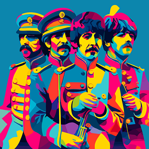 dynamic four Beatles playing music from front, upper body, uniforms Sgt. Pepper's Lonely Hearts Club Band, detail rich vector illustration in the colors , yellow red blue turquoise pink
