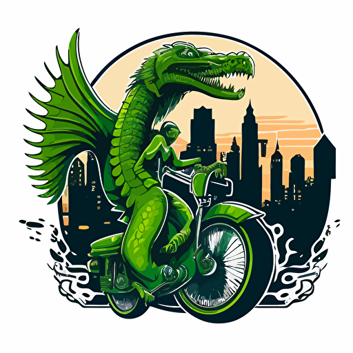 loch ness monster on a chopper in a bad part of the city, vector logo, vector art, emblem, simple cartoon, 2d, no text, white background