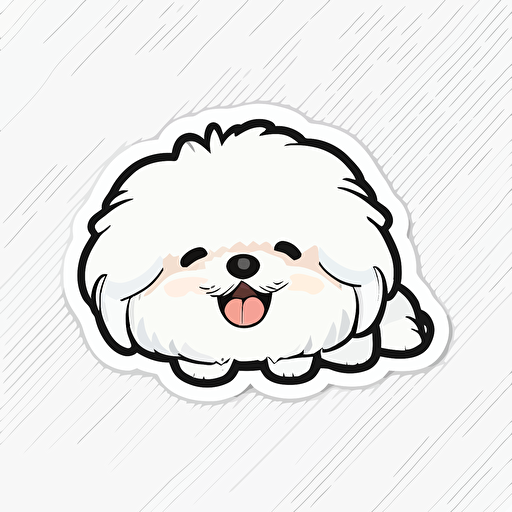 Cute, happy, smiling maltese dog head sticker logo, dog tongue out, chibi style, cartoon, clean, vector, 2d, white background, no accessories, without accessories, no text, without text