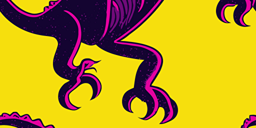 a cartoon vector style illustration of a dinosaur type monster with lots of eyes, goth punk style, yellow and purple, grainy texture lino print style