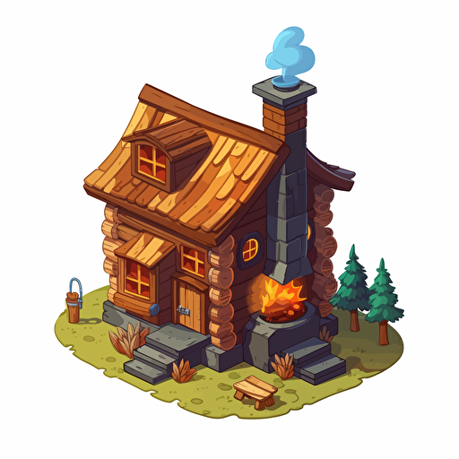 Cartoon vector style wodden hut with chimney, isometric view, transparent background