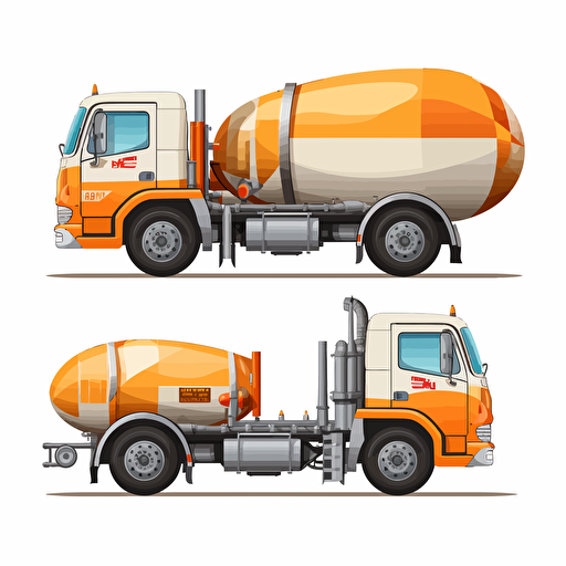 concrete mixer truck with wooden barrel, simple forms, flatart, 2D vector style, cartoon, white background, side view