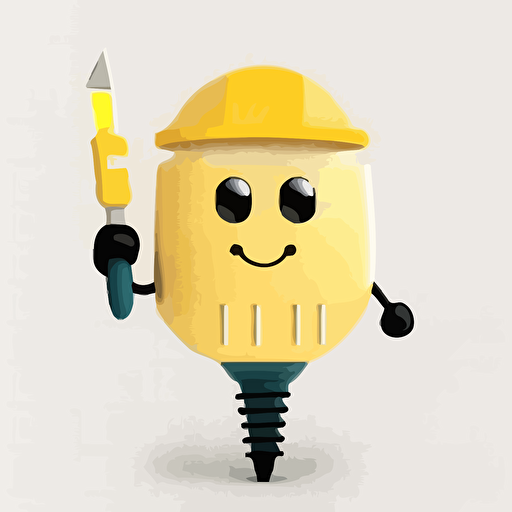 flat vector illustration, anthropomorphic LED light bulb, wearing a yellow Class E hard hat, holding a screwdriver, friendly, cartoon style, white background for cut out